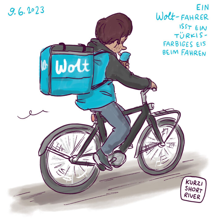 Eine schnelle digitale Illustration des beschriebenen Wolt-Fahrers auf einem Fahrrad. Jacke, Rucksack und sein Eis sind türkis.
