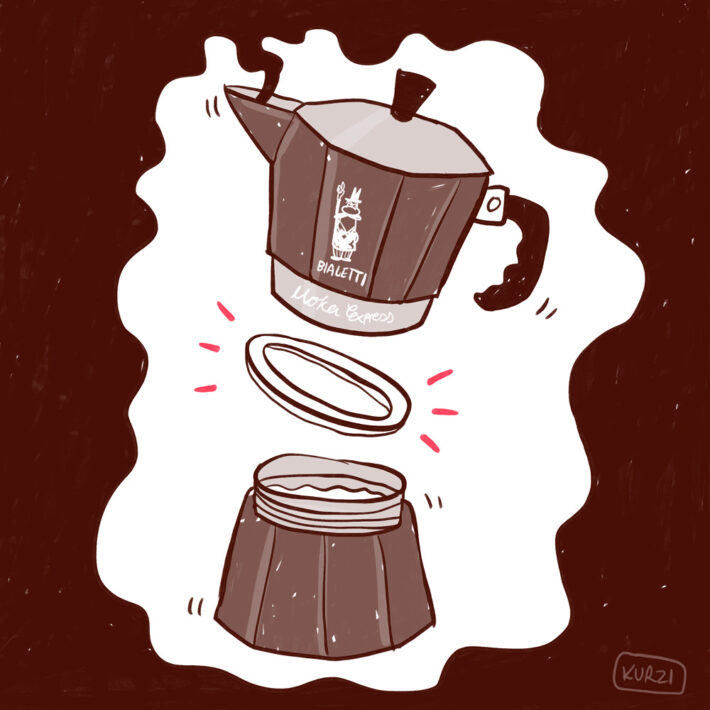 Eine Illustration eines Expressokochers in Brauntönen. Die Kanne ist aufgeschraubt und zwischen den beiden Teilen schwebt ein Dichtungsring.
Aus dem Ausgießer kommt brauner Kaffee, der sich wie ein Rahmen um das Bild legt.