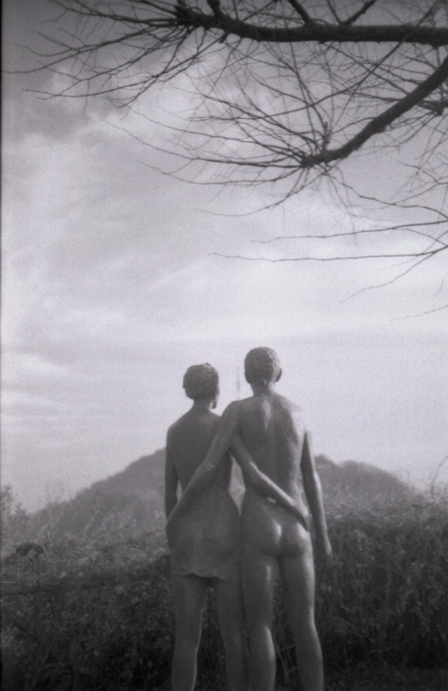 Eine Statue zweier Personen, die von hinten fotografiert in die Landschaft blicken. Sie haben jeweils einen Arm umeinander gelegt. Der Mann scheint nackt zu sein, die Frau ein Kleid zu tragen.