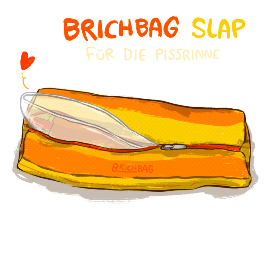 Eine Illustration einer gelb-orangen kleinen Tasche mit einer halbtransparenten Pinkelhilfe.