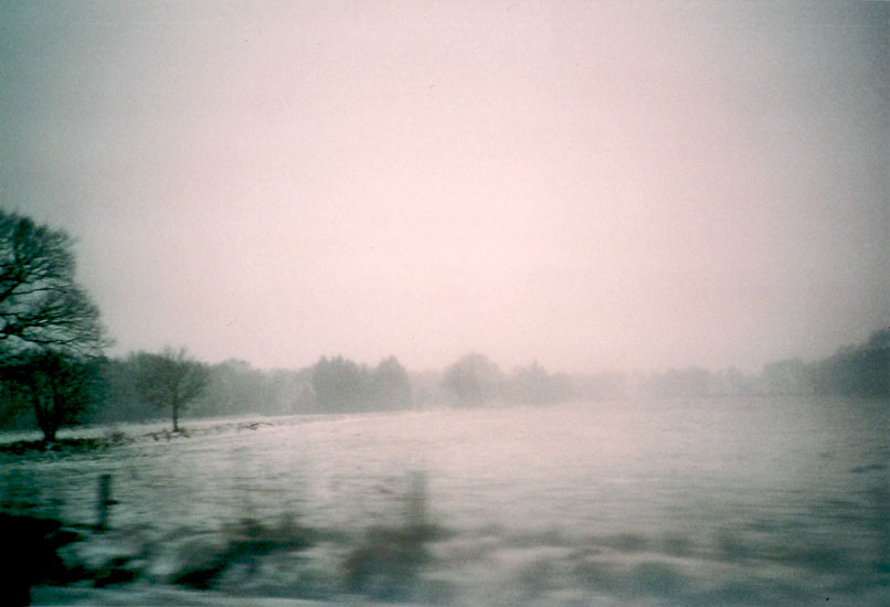 Eine verwackelte Ostfriesische Winterlandschaft in kalten, hellen Farben. 