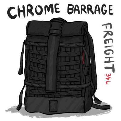 Eine Illustration eines schwarzen Rucksacks mit reflektierenden Elementen sowie einem roten Reißverschluss-Band.