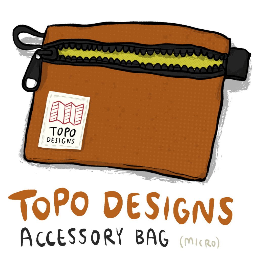 Eine Illustration einer kupferfarbenen Tasche mit schwarzem Reißverschluss und gelbem Innenfutter.