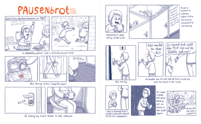 Ein doppelseitiger Comic mit dem Titel "Pausenbrot" von Kurzi Shortriver. Der Text ist ein Mix aus englisch und deutsch. Panel 1 & 2: East Fristia, Northern Germany, ca. 1989. In elementary school, I was a relatively normal child (apart from "behaving like a boy" and a mild dino-mania). Panel 3, 4 & 5: But during recess, I had this habit… Panel 6 & 7: …of taking my lunch bread to the restroom… Panel 8: …and eating ist while sitting on the toilet. Panel 9 & 10: It was a moment of calmness before hitting the buzzing schoolyard to rund and play. I remember the school toilets to be very clean, so hygiene was not an issue for me. Panel 11: But one day… Panel 12 & 13: …my teacher saw me and told me that I must not take my bread to the toilet. Sprechblasen: "Was machst du denn da?! Du kannst doch nicht dein Brot mit auf die Toilette nehmen!" Panel 14: I was so stunned that I couldn't even ask why not (as far as I remember). Panel 15: So I went outside and never dared to eat my bread on the toilet again. Panel 16: It was not the same anymore.