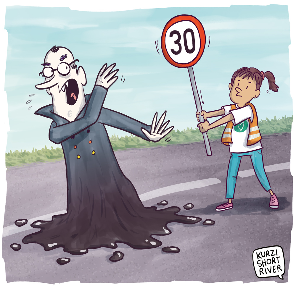 Ein Cartoon im Comicstil gezeichnet: Ein Vampir und eine junge Frau mit Pferdeschwanz stehen auf einer Straße. Die Frau hält dem Vampir ein Tempo-30-Schild antgegen, als wäre es ein christliches Kreuz. Der Vampir, der eventuell Ähnlichkeiten zu unserem Bundeskanzler aufweist, dreht sich abgestoßen weg. Der Boden seines Mantels sieht aus wie Öl.